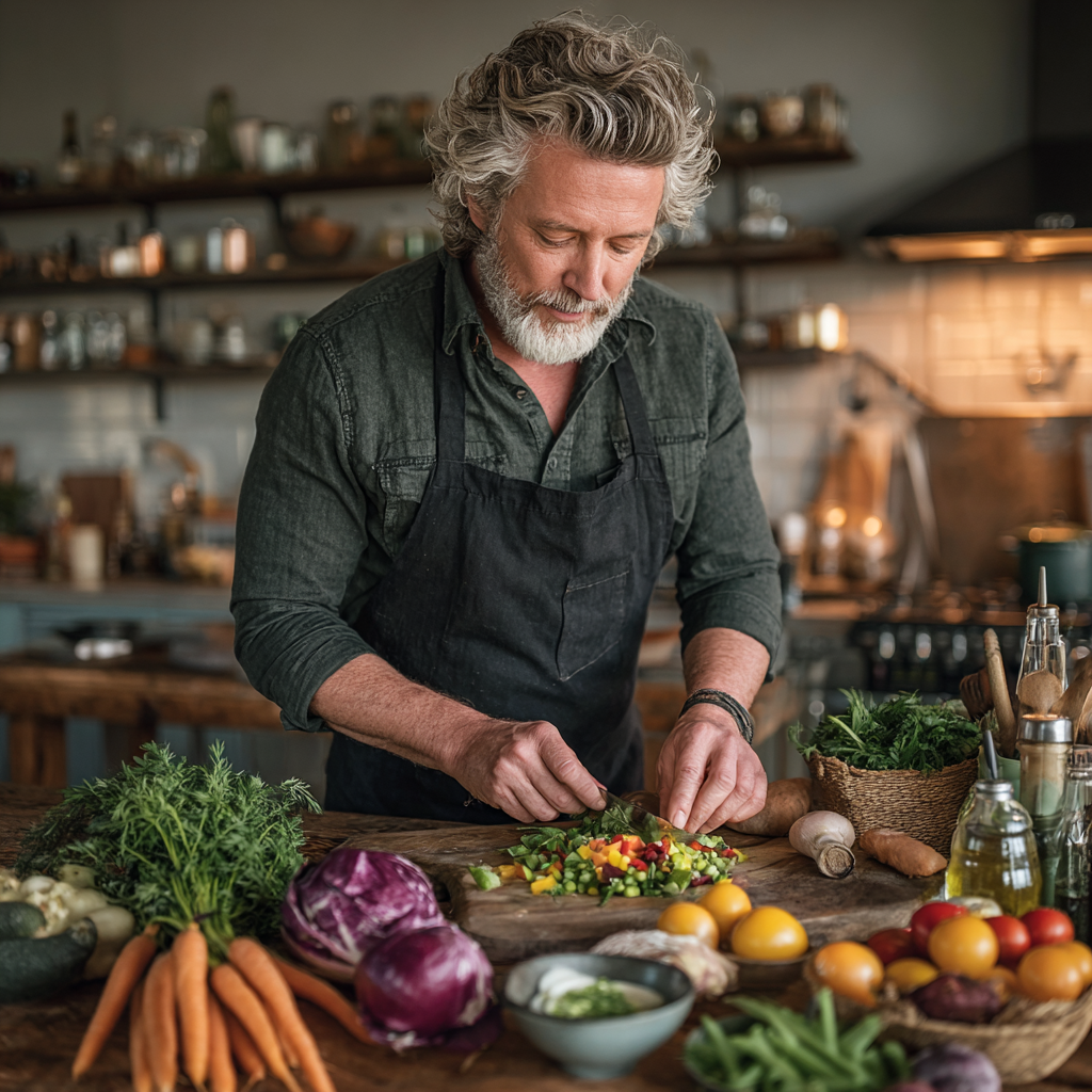Чоловік віком 58 років готує салат з свіжих овочів на своїй кухні, демонструючи здорове харчування
