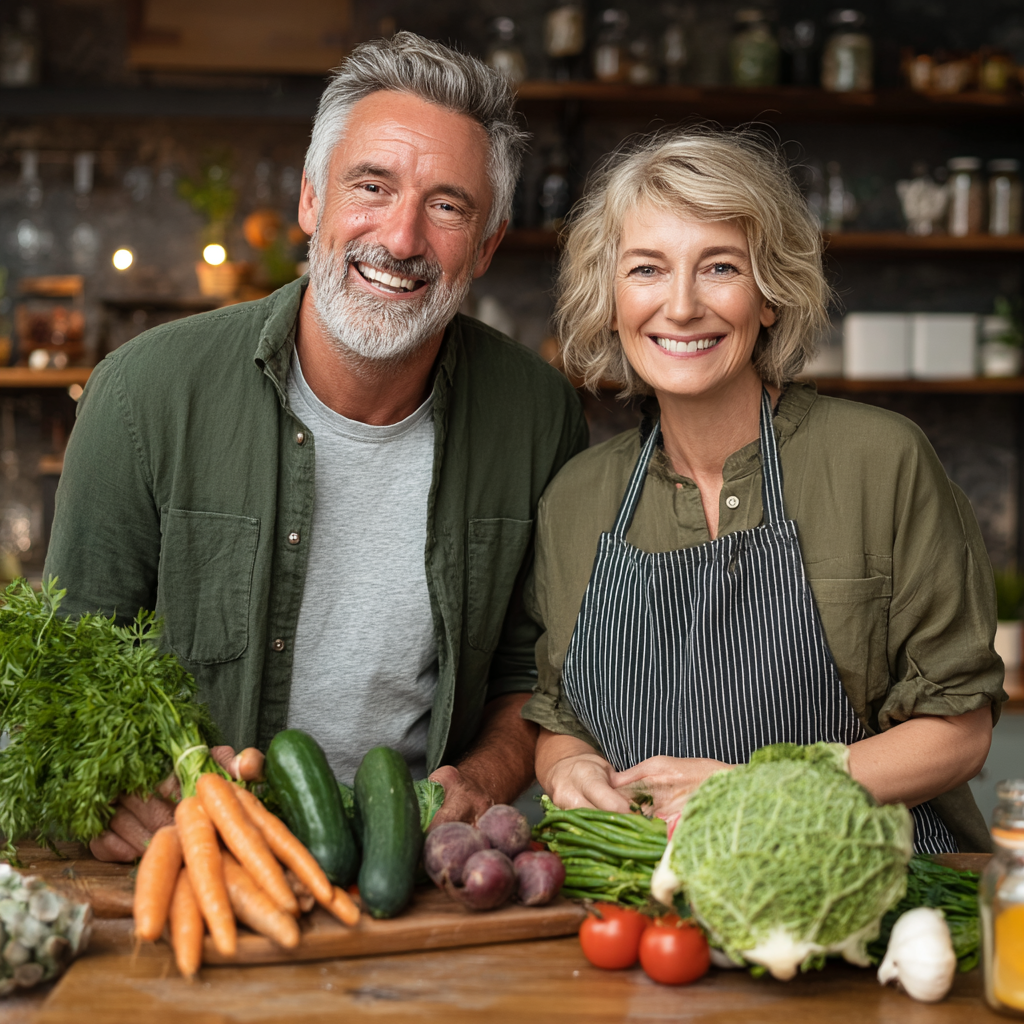 Чоловік та жінка у віці 50-60 років готують здорову їжу разом на кухні, посміхаючись та тримаючи свіжі овочі